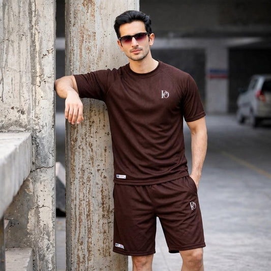 Prime Outfitter Premium BROWN Dry-Fit Nikar Shirt Set – Breathable Sports & Casual Wear (T-Shirt + Shorts)