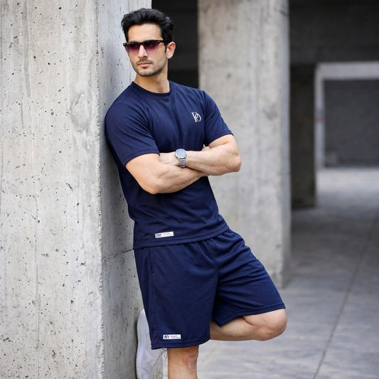 Prime Outfitter Premium NAVY BLUE Dry-Fit Nikar Shirt Set – Breathable Sports & Casual Wear (T-Shirt + Shorts)