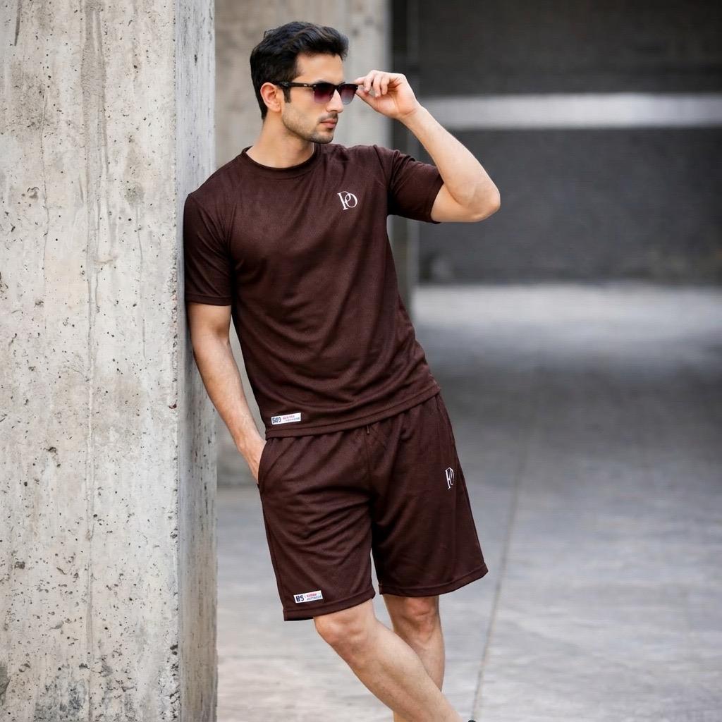 Prime Outfitter Premium BROWN  Dry-Fit Nikar Shirt Set – Breathable Sports & Casual Wear (T-Shirt + Shorts)