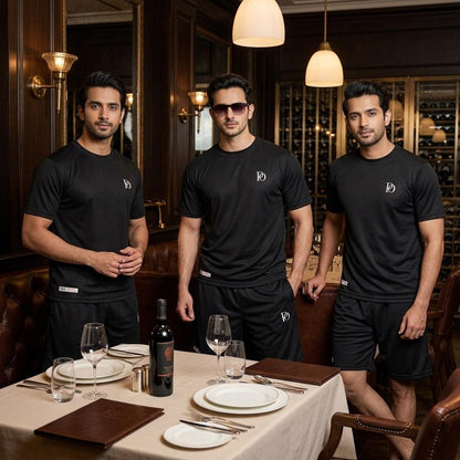 Prime Outfitter Premium BLACK Dry-Fit Nikar Shirt Set – Breathable Sports & Casual Wear (T-Shirt + Shorts)