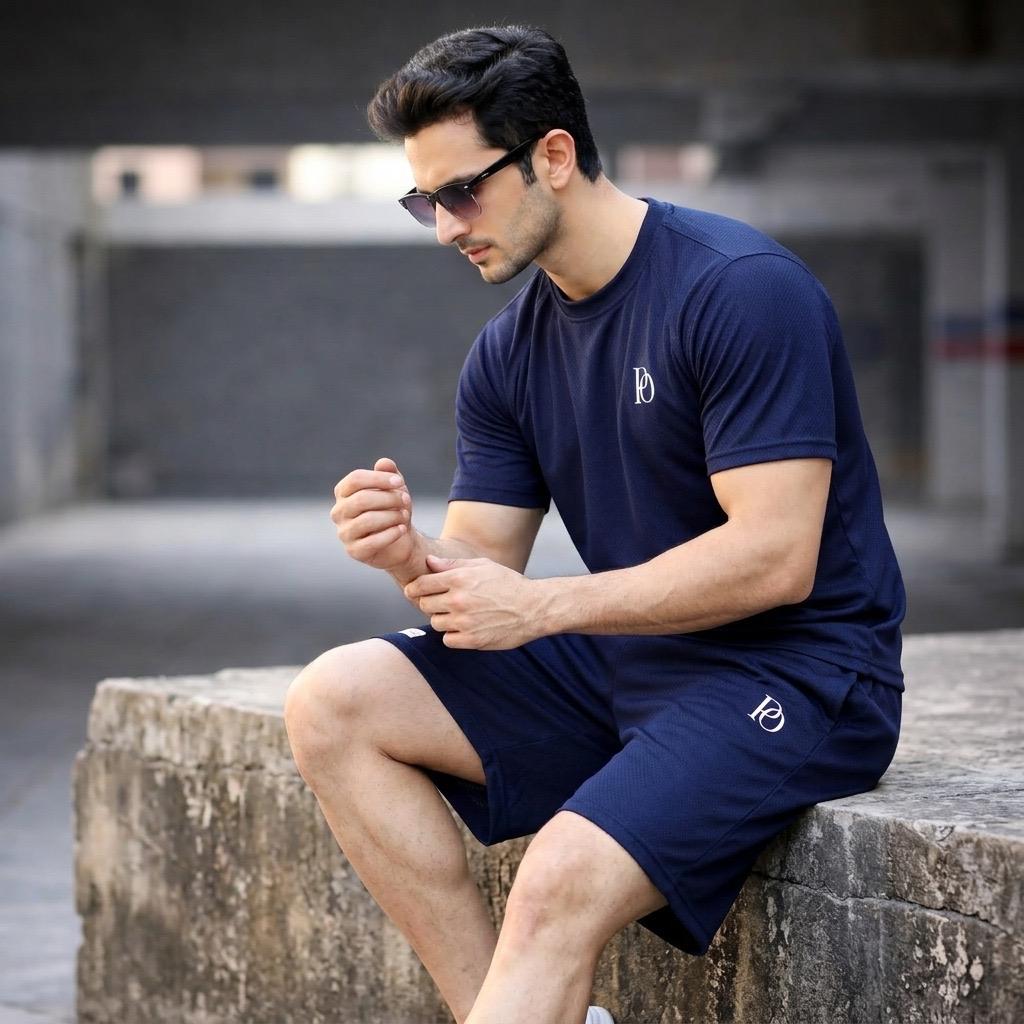 Prime Outfitter Premium NAVY BLUE  Dry-Fit Nikar Shirt Set – Breathable Sports & Casual Wear (T-Shirt + Shorts)