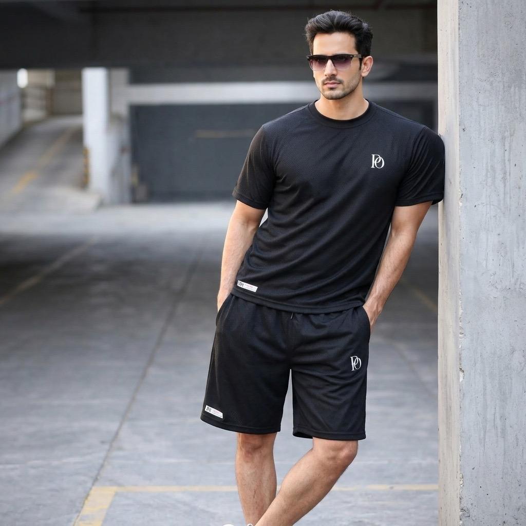 Prime Outfitter Premium BLACK Dry-Fit Nikar Shirt Set – Breathable Sports & Casual Wear (T-Shirt + Shorts)